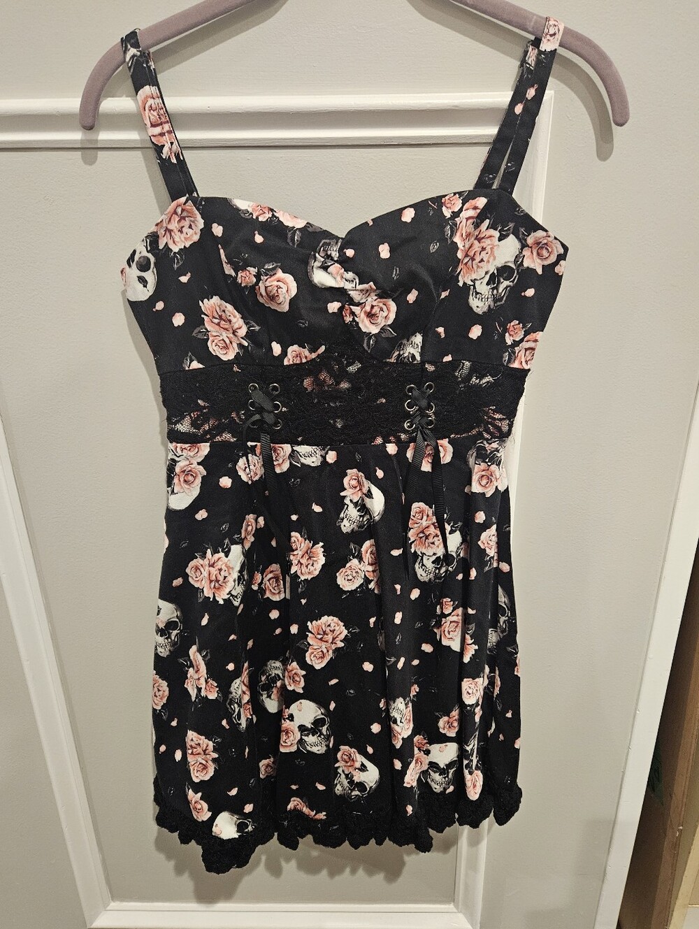 Hot Topic black sleeveless sundress with pink roses, skulls and lace. Size Small